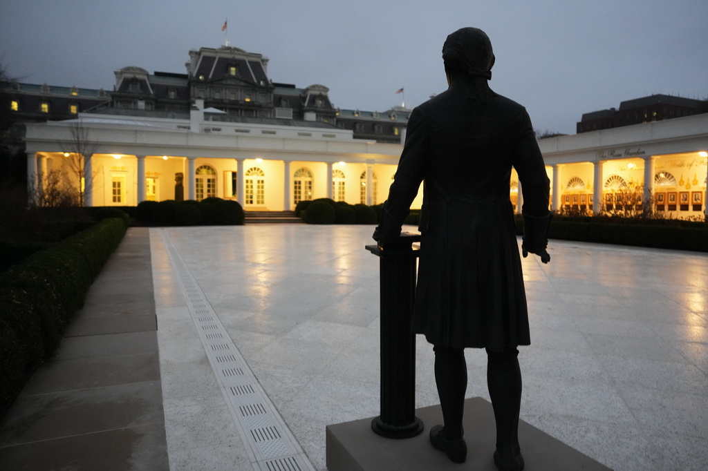 FILE - A statue of Alexander Hamilton is seen in the Rose Garden at the White House, March 6, 2026, in Washington. (AP Photo/Julia Demaree Nikhinson, File)