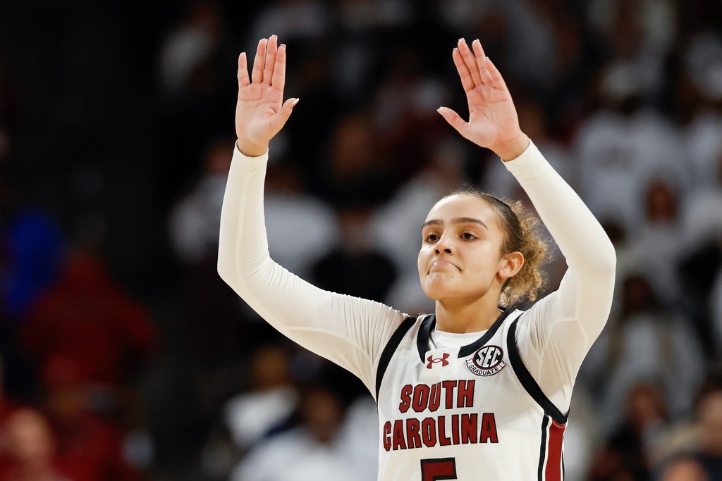 South Carolina guard Tessa Johnson celebrates in the closing seconds of the second half as her team beats Texas in an NCAA college basketball game in Columbia, S.C., Thursday, Jan. 15, 2026. (AP Photo/Nell Redmond)