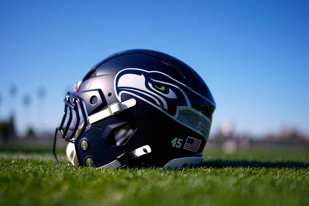 A Seattle Seahawks helmet is seen during an NFL Super Bowl football practice on Wednesday, Feb. 4, 2026, in San Jose, Calif., ahead of Super Bowl 60 between the New England Patriots and the Seattle Seahawks. (AP Photo/Brynn Anderson)