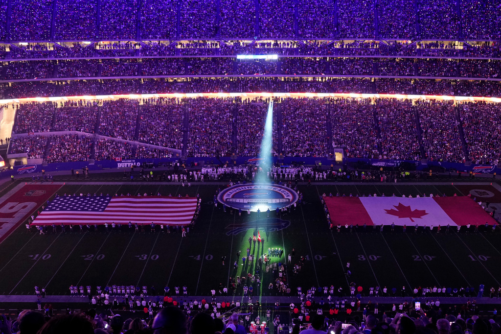 Barenaked Ladies sing the Canadian national anthem before an NFL football game at Highmark Stadium between the Buffalo Bills and Detroit Lions in Orchard Park, N.Y., Thursday, Sept. 17, 2026. (AP Photo/Sue Ogrocki)