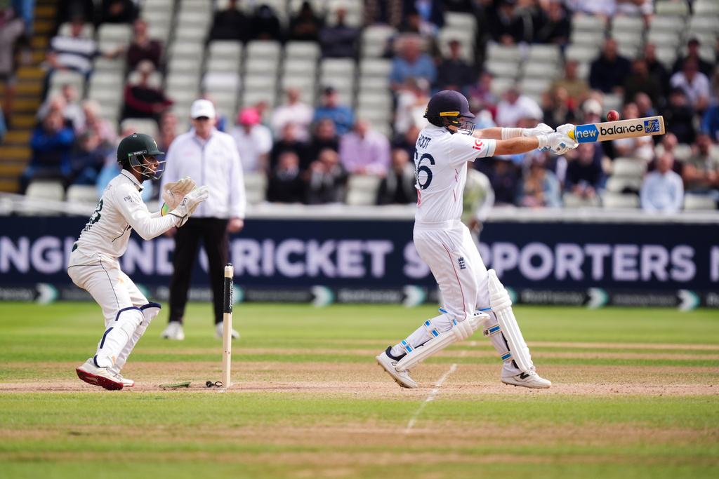 England's Joe Root hits the ball on day four of the third cricket Test at Edgbaston, in Birmingham, England, Saturday, Sept. 12, 2026. (Mike Egerton/PA via AP)