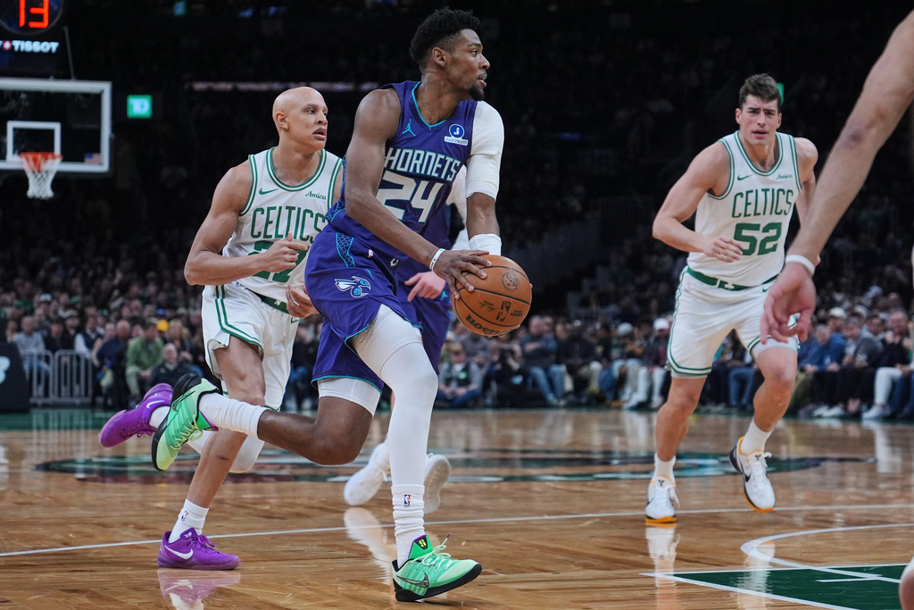 Charlotte Hornets forward Brandon Miller (24) drives to the basket against the Boston Celtics during the first half of an NBA basketball game, Wednesday, March 4, 2026, in Boston. (AP Photo/Charles Krupa)