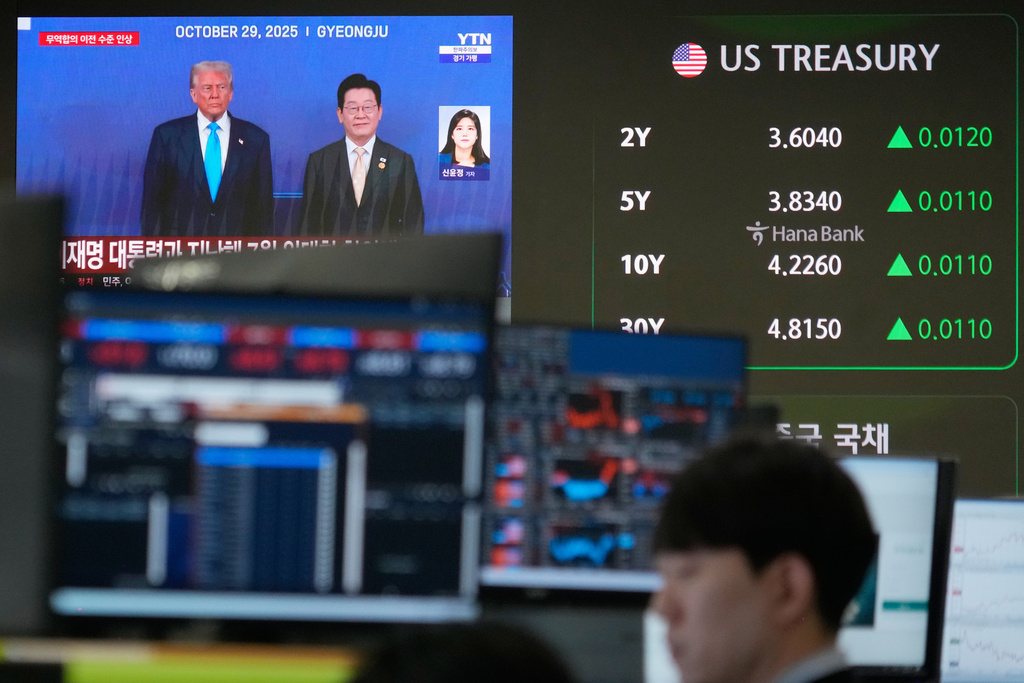 U.S. President Donald Trump, left, and South Korean President Lee Jae Myung are seen on a screen at the foreign exchange dealing room of the Hana Bank headquarters in Seoul, South Korea, Tuesday, Jan. 27, 2026. (AP Photo/Ahn Young-joon)