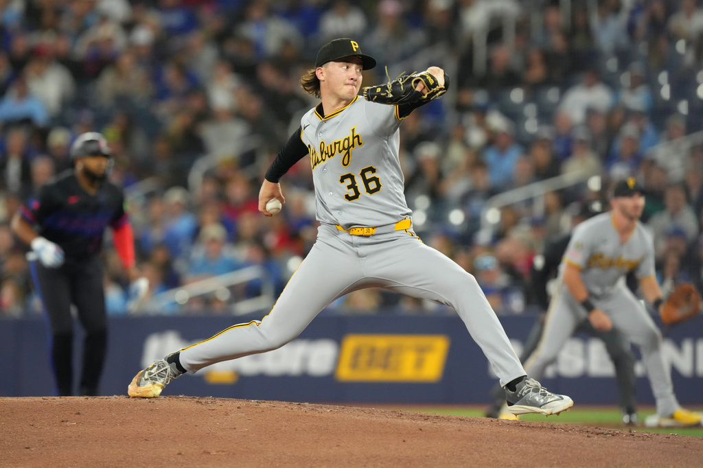Pittsburgh Pirates pitcher Bubba Chandler (36) works against the Toronto Blue Jays during first inning of a baseball game in Toronto, Friday, May 22, 2026. (Chris Young/The Canadian Press via AP)