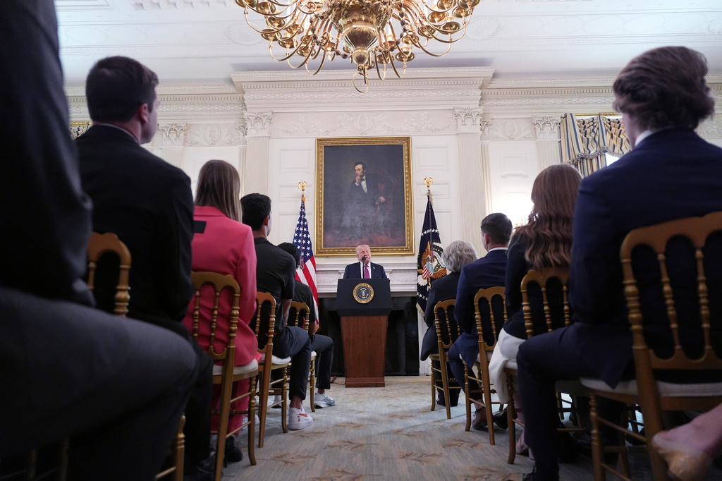 President Donald Trump speaks during an event for NCAA national champions in the State Dining Room of the White House, Tuesday, April 21, 2026, in Washington. (AP Photo/Alex Brandon)