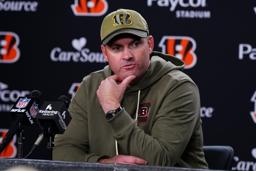Cincinnati Bengals head coach Zac Taylor speaks after his team's loss to the Chicago Bears in an NFL football game, Sunday, Nov. 2, 2025, in Cincinnati. (AP Photo/Jeff Dean)
