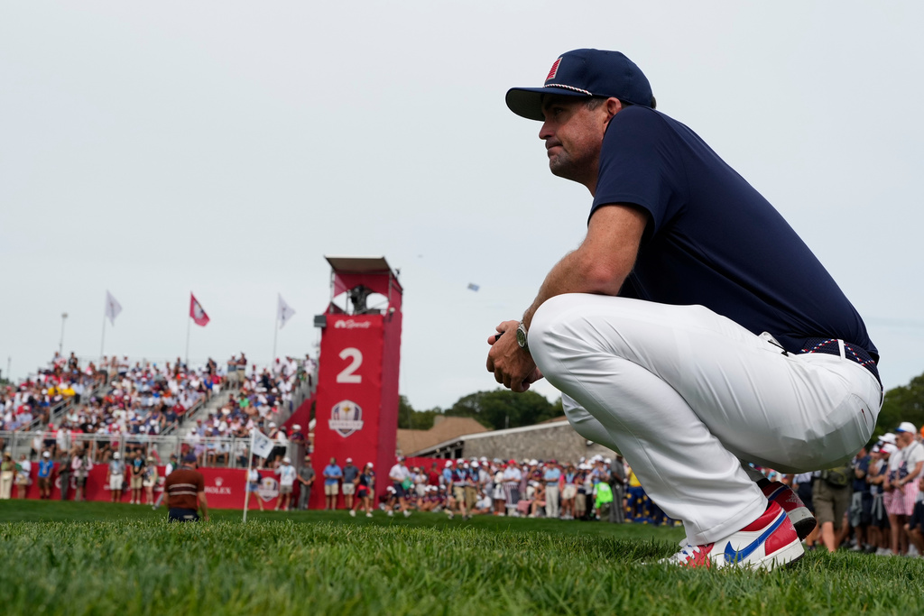 United States captain Keegan Bradley watches on the second hole at Bethpage Black golf course during the Ryder Cup golf tournament, Saturday, Sept. 27, 2025, in Farmingdale, N.Y. (AP Photo/Robert Bukaty)
