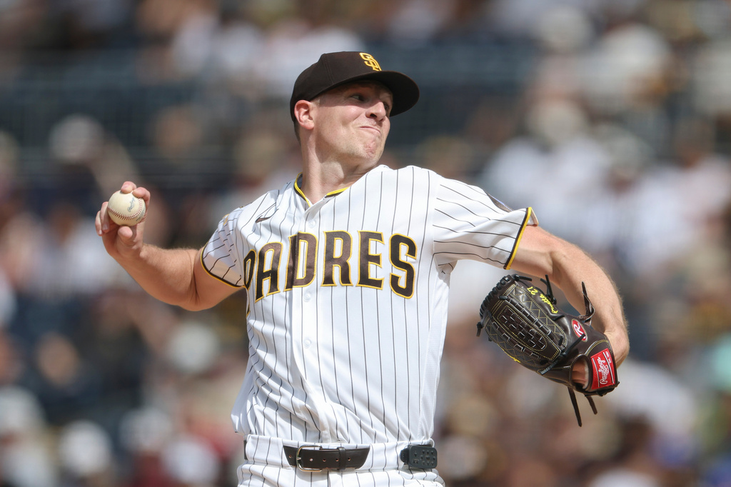 San Diego Padres starting pitcher Nick Pivetta works against a Washington Nationals batter in the second inning of a baseball game Monday, Sept. 7, 2026, in San Diego. (AP Photo/Karl Anderson)