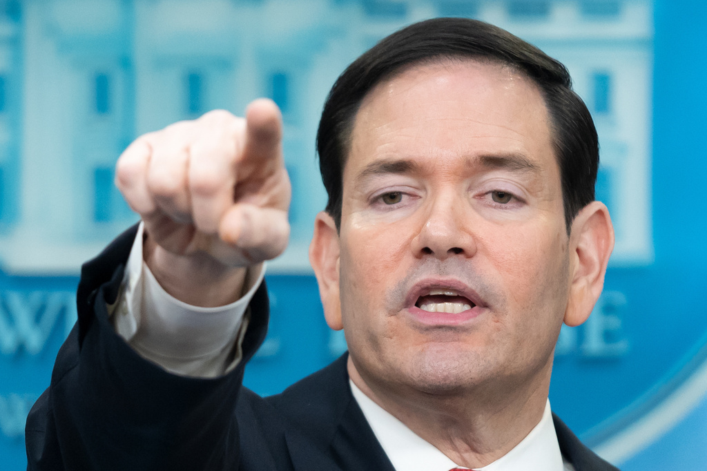 Secretary of State Marco Rubio gestures during a press briefing at the White House in Washington, Tuesday, May 5, 2026. (AP Photo/Mark Schiefelbein)