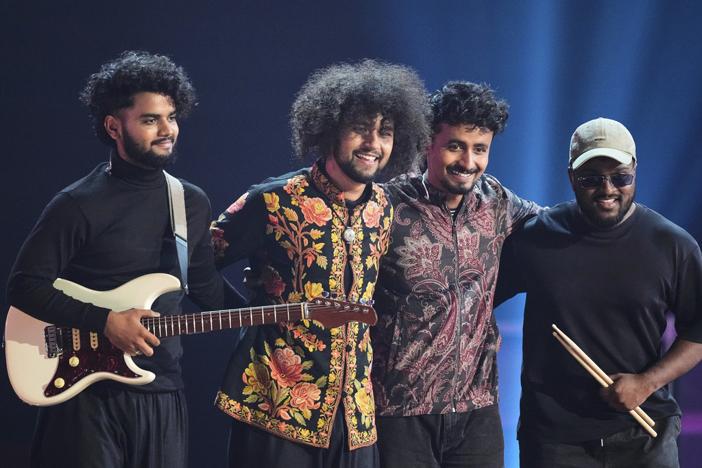 India's Rauhan Malik, 2nd left, performs the song "Love" at the International Music Competition "Intervision" at the Live Arena outside Moscow, Russia, Saturday, Sept. 20, 2025. (AP Photo/Alexander Zemlianichenko)