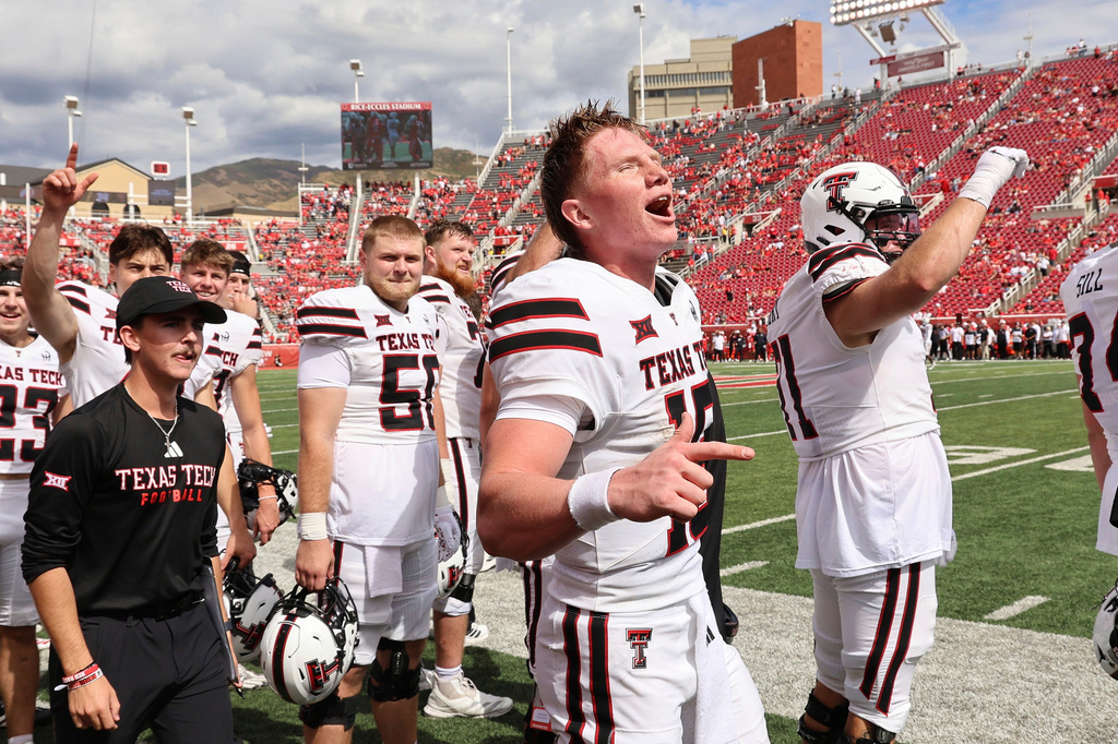 FILE - Texas Tech quarterback Will Hammond celebrates their win over Utah after an NCAA college football game, Sept. 20, 2025, in Salt Lake City. (AP Photo/Jeffrey D. Allred, File)