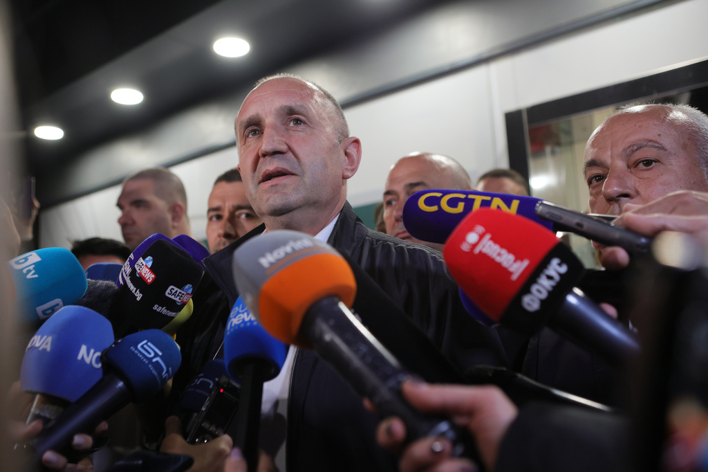 Former Bulgarian President Rumen Radev speaks to journalists after the polls closed in Sunday's election, in Sofia, Bulgaria, April 19, 2026. (AP Photo/Valentina Petrova)