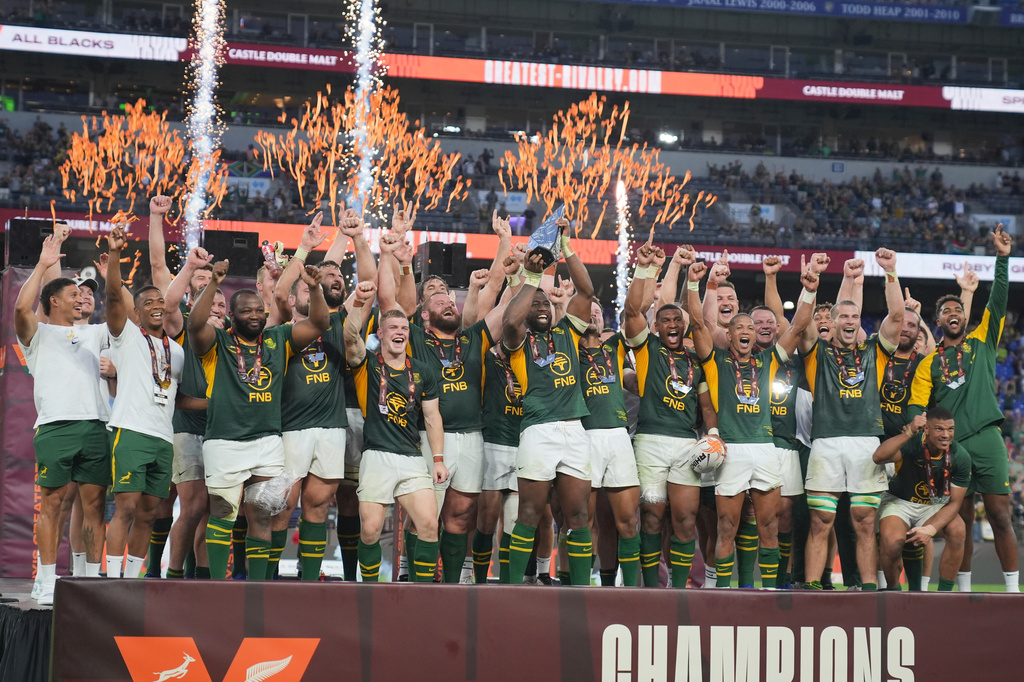 South African players celebrate after defeating the All Blacks in their rugby international in Baltimore, USA, Saturday, Sept. 12, 2026. (AP Photo/Stephanie Scarbrough)