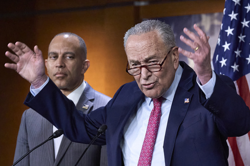 FILE—Senate Minority Leader Chuck Schumer, D-N.Y., and House Minority Leader Hakeem Jeffries, D-N.Y., left, hold a news conference on the GOP reconciliation bill, at the Capitol in Washington, Wednesday, June 11, 2025. (AP Photo/J. Scott Applewhite, file) FILE—Senate Minority Leader Chuck Schumer, D-N.Y., and House Minority Leader Hakeem Jeffries, D-N.Y., left, hold a news conference on the GOP reconciliation bill, at the Capitol in Washington, Wednesday, June 11, 2025. (AP Photo/J. Scott Applewhite, file)