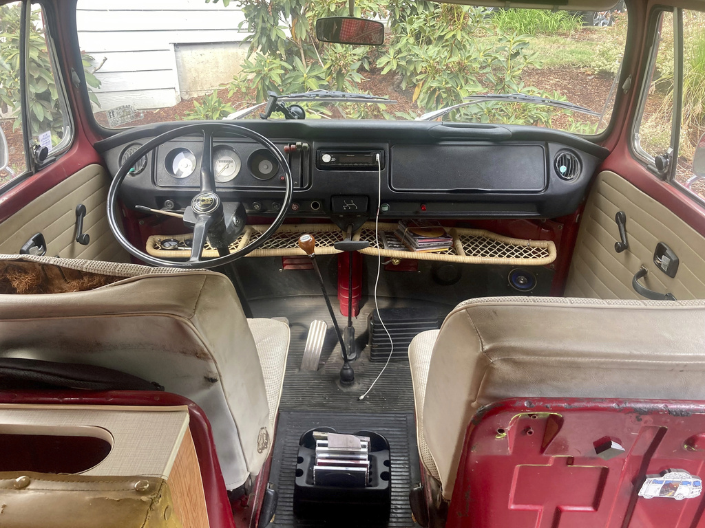 This image provided by Shelby Houlihan shows the inside of her 1971 VW minibus in Portland, Ore., in 2021, that she used to tour America during her doping ban. (Shelby Houlihan via AP)