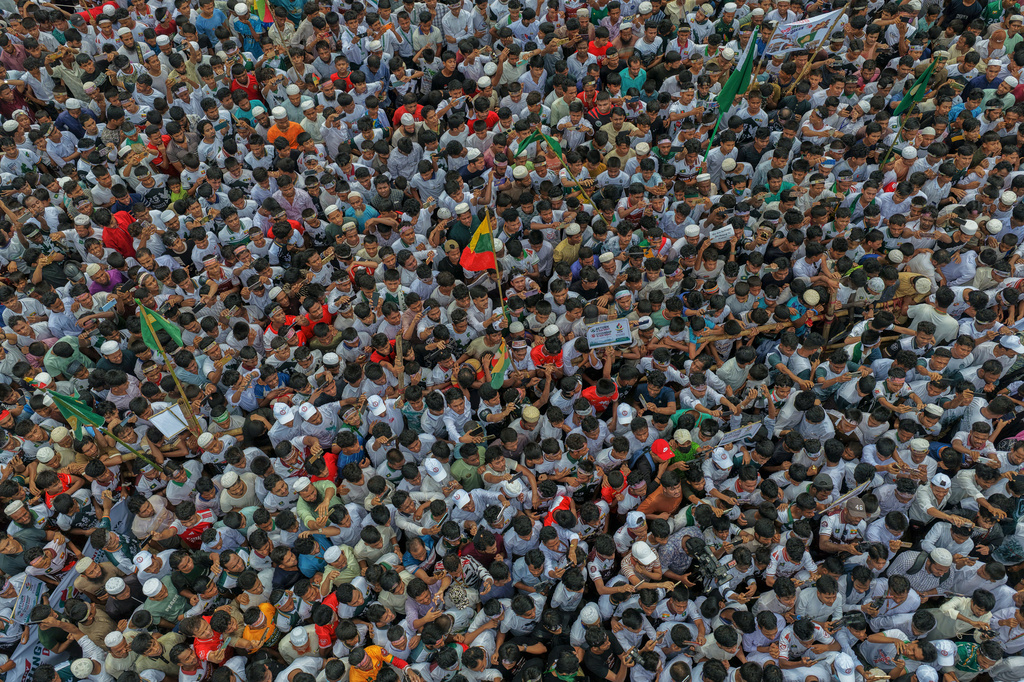 Rohingyas gather during an event at a refugee camp in Cox's Bazar, Bangladesh, Tuesday, Aug. 25, 2026, marking the anniversary of the their exodus. (AP Photo/Abdul Goni)