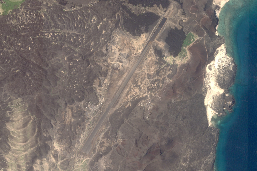 This satellite image from Planet Labs PBC shows an airstrip being built on Zuqar Island, Yemen, in the Red Sea on Sept. 30, 2025. (Planet Labs PBC via AP)