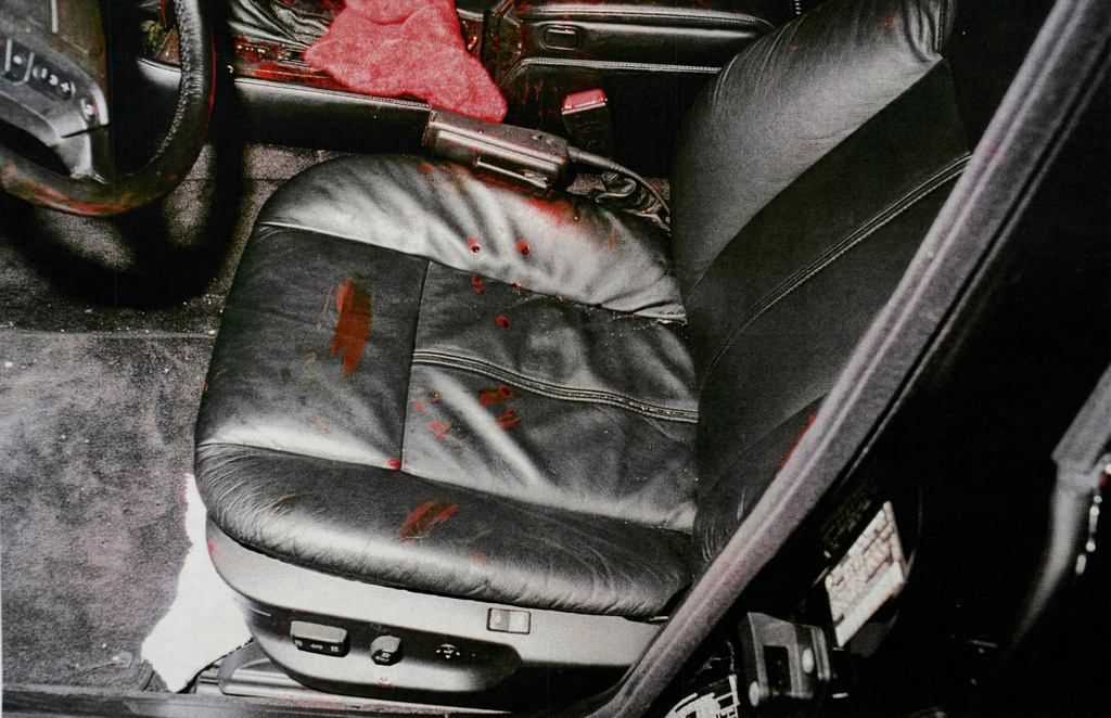 FILE - This undated photo provided by the Las Vegas Metropolitan Police Department shows the bloodied driver's seat that was occupied by Marion "Suge" Knight in a car rapper Tupac Shakur was fatally shot in September 1996, in Las Vegas. (Las Vegas Metropolitan Police Department via AP, File)