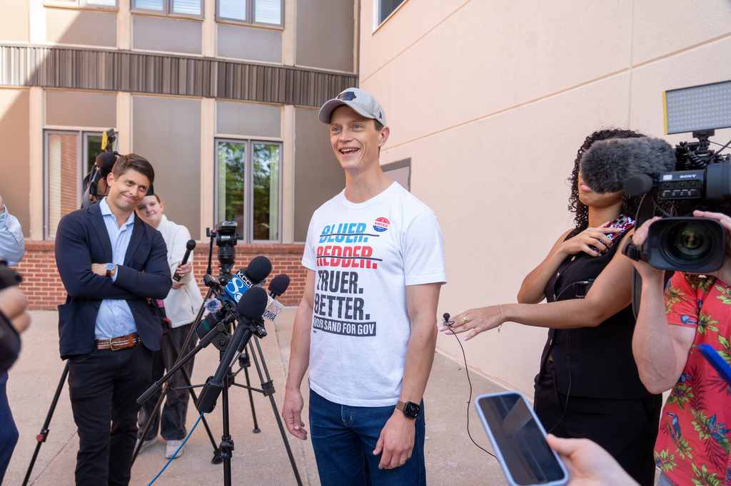 Iowa democratic gubernatorial candidate Rob Sand speaks to media after voting on primary Election Day, Tuesday, June 2, 2026, in Des Moines, Iowa. (AP Photo/Bryon Houlgrave)