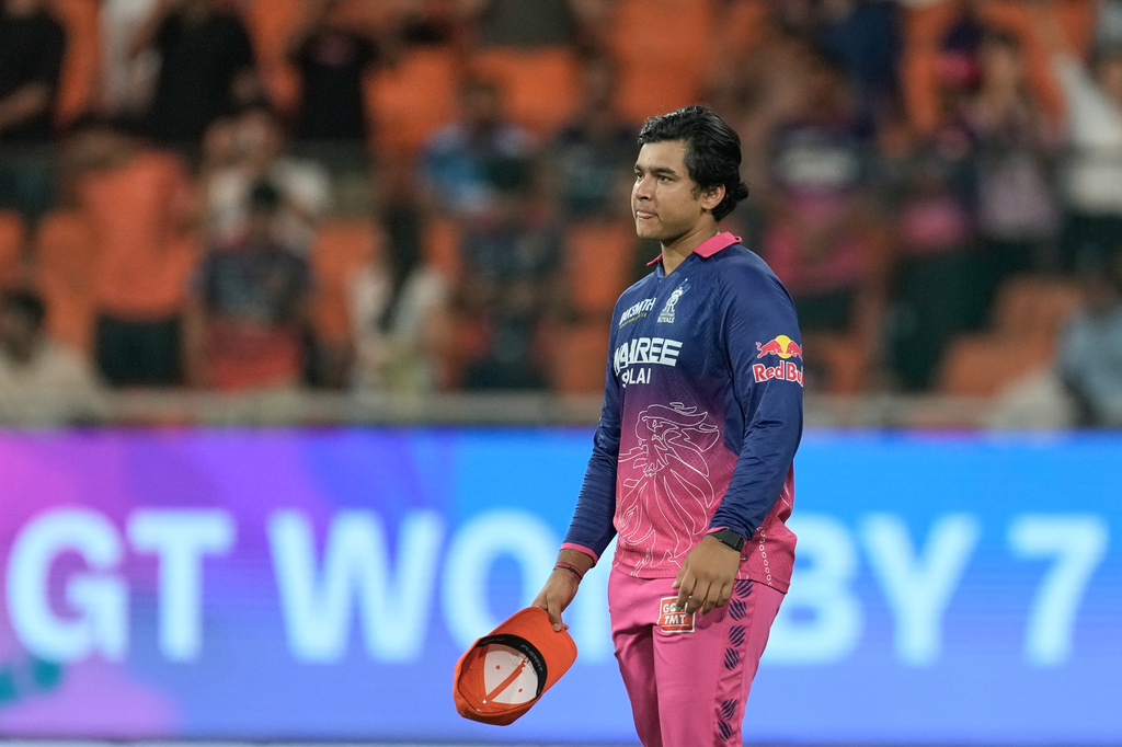 Rajasthan Royals' Vaibhav Sooryavanshi reacts after Gujarat Titans won against Rajasthan Royals during the Indian Premier League cricket match in New Chandigarh, India, Friday, May 29, 2026. (AP Photo/Ashwini Bhatia)
