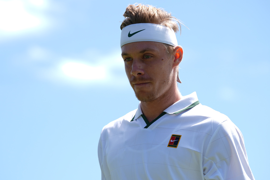 Denis Shapovalov of Canada looks on during his match against Pablo Carreno Busta of Spain in the first round men's singles match at the Wimbledon Tennis Championships in London, Monday, June 29, 2026. (AP Photo/Maja Smiejkowska)