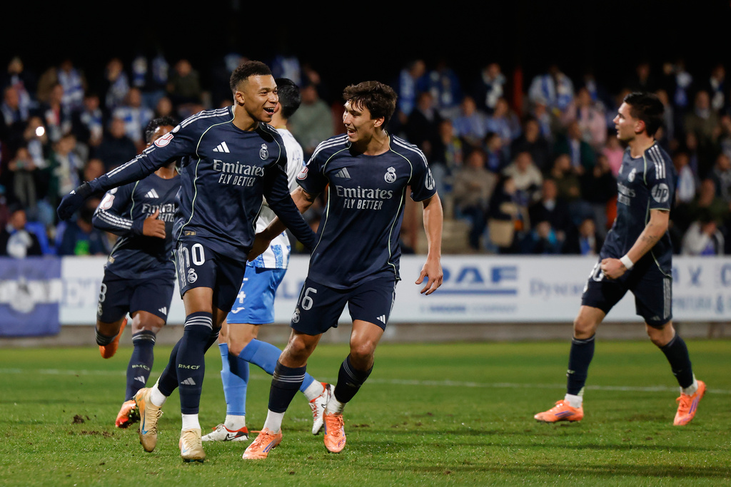 Real Madrid's Kylian Mbappe celebrates after scoring from a penalty kick during the Copa del Rey soccer match between Talavera and Real Madrid, in Talavera de la Reina, Spain, Wednesday, Dec. 17, 2025. (AP Photo/M. Berengui)