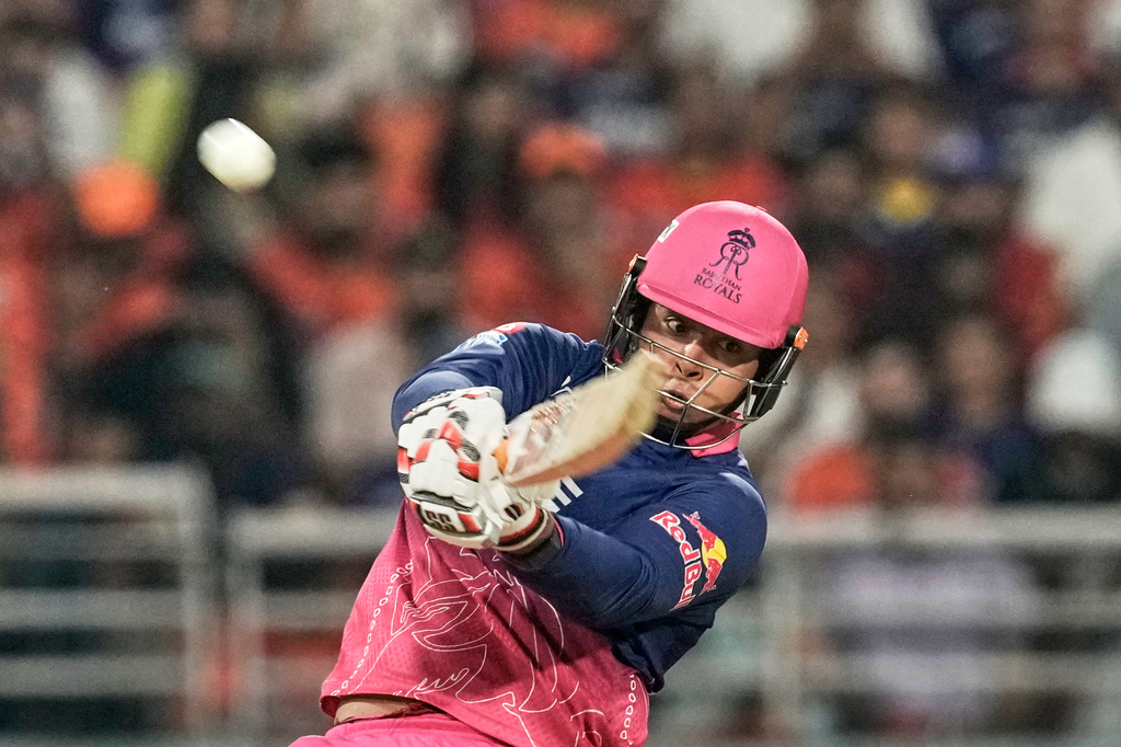 Rajasthan Royals' Vaibhav Sooryavanshi plays a shot during the Indian Premier League cricket match between Rajasthan Royals and Sunrisers Hyderabad in New Chandigarh, India, Wednesday, May 27, 2026. (AP Photo/Ashwini Bhatia)