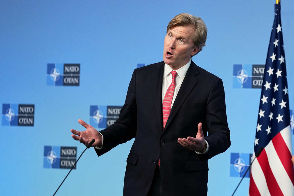 United States Undersecretary of Defense Elbridge Colby addresses the media at NATO headquarters in Brussels, Thursday, Aug. 27, 2026. (AP Photo/Virginia Mayo)