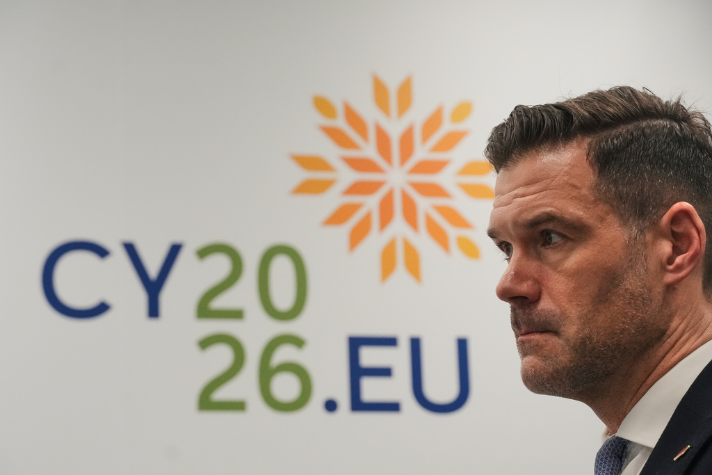 Swedish Migration Minister Johan Forssell speaks during an interview with The Associated Press during a meeting of EU Justice and Home Affairs ministers at Filoxenia conference center in Nicosia, Cyprus, Thursday, Jan. 22, 2026. (AP Photo/Petros Karadjias)