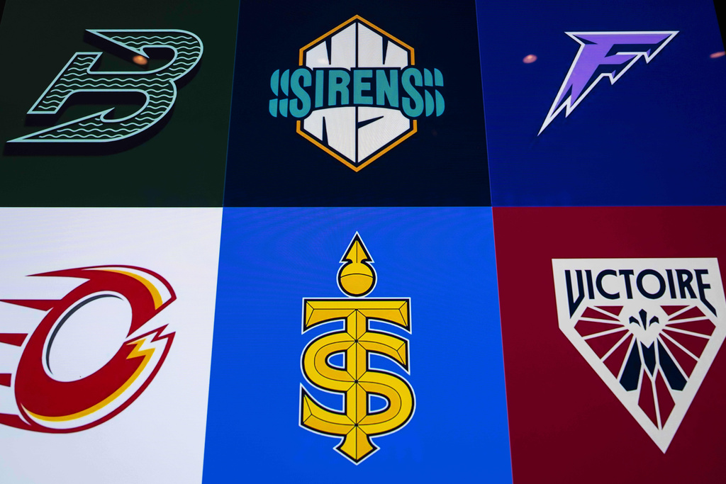 A screen shows the sketches of team logos for Professional Women's Hockey League designed by Flower Shop, Thursday, July 30, 2025, in New York. (AP Photo/Yuki Iwamura)