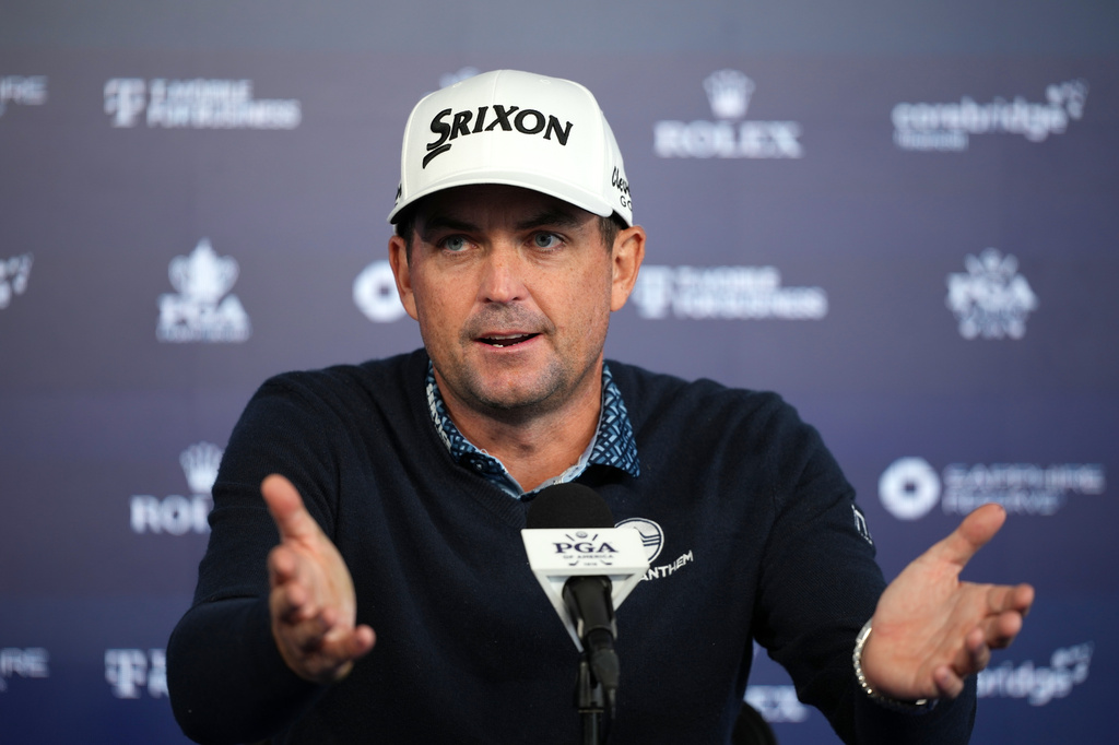 Keegan Bradley speaks during a news conference before the PGA Championship golf tournament at the Aronimink Golf Club Monday, May 11, 2026, in Newtown Square, Pa. (AP Photo/Matt Slocum)