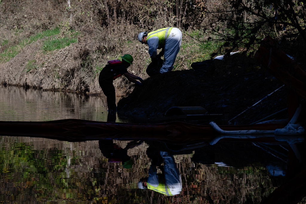 Workers clean oil and sludge runoff from the UPS plane crash from a waterway known as Northern Ditch, Saturday, Nov. 8, 2025, in Louisville, Ky. (AP Photo/Jon Cherry)