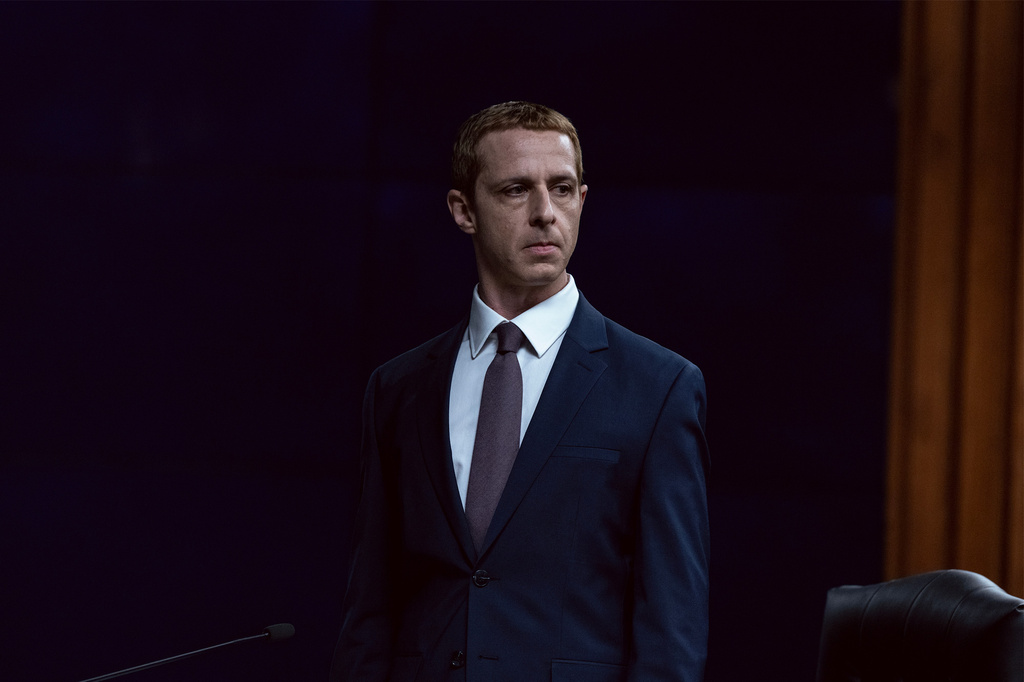 This image released by Sony Pictures shows Jeremy Strong as Mark Zuckerberg, in a scene from “The Social Reckoning.” (Leah Gallo/Sony Pictures via AP)