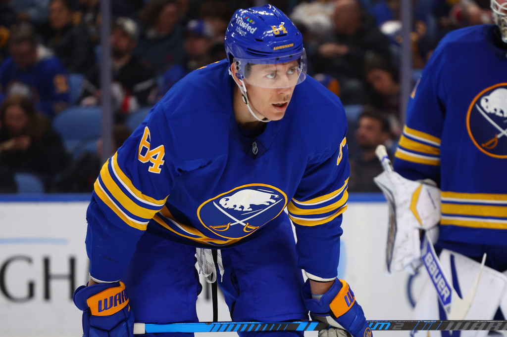 FILE - Buffalo Sabres defenseman Logan Stanley looks on during the second period of an NHL hockey game against the New York Islanders, March 31, 2026, in Buffalo, N.Y. (AP Photo/Jeffrey T. Barnes, File)