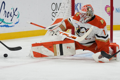 Anaheim Ducks goaltender Lukas Dostal (1) defends the goal during the second period of an NHL hockey game against the Florida Panthers, Tuesday, Oct. 28, 2025, in Sunrise, Fla. (AP Photo/Lynne Sladky) Anaheim Ducks goaltender Lukas Dostal (1) defends the goal during the second period of an NHL hockey game against the Florida Panthers, Tuesday, Oct. 28, 2025, in Sunrise, Fla. (AP Photo/Lynne Sladky)