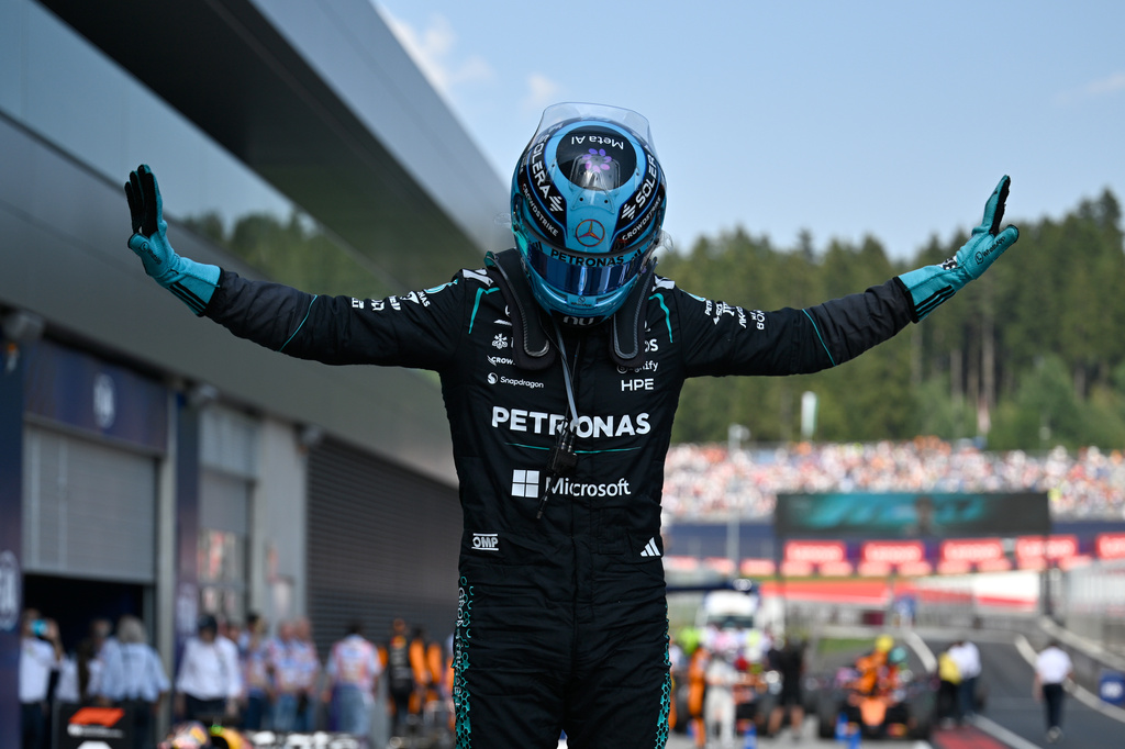Mercedes driver George Russell of Britain celebrates after winning the Austrian F1 Grand Prix, in Spielberg, Austria, Sunday, June 28, 2026. (AP Photo/Denes Erdos)