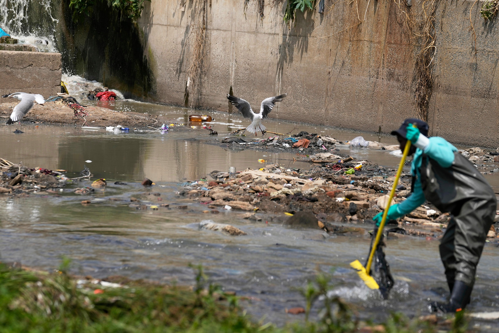 A volunteer wearing a wetsuit cleans up the Jukskei River in the Alexandra township in Johannesburg, South Africa, Wednesday, Nov. 12, 2025. (AP Photo/Themba Hadebe)