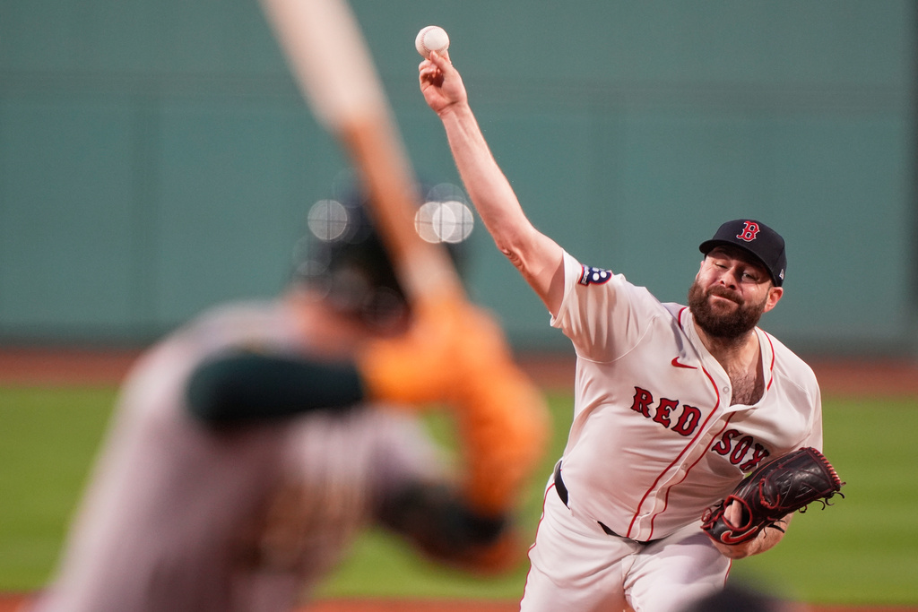 FILE - Boston Red Sox starting pitcher Lucas Giolito delivers in the first inning of a baseball game against the Athletics, Sept. 17, 2025, in Boston. (AP Photo/Robert F. Bukaty, File)