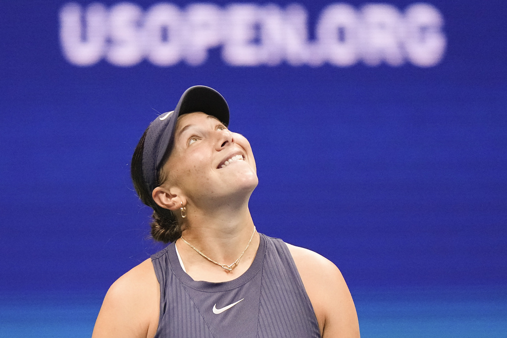Amanda Anisimova, of the United States, reacts after a rally against Aryna Sabalenka, of Belarus, during the women's singles final of the U.S. Open tennis championships, Saturday, Sept. 6, 2025, in New York. (AP Photo/Frank Franklin)