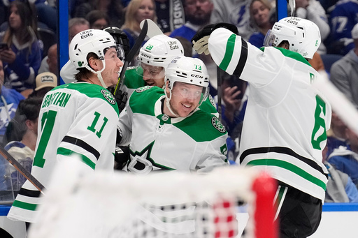 Dallas Stars left wing Adam Erne (73) celebrates his goal against the Tampa Bay Lightning with right wing Nathan Bastian (11) and defenseman Lian Bichsel (6) during the third period of an NHL hockey game Thursday, Oct. 30, 2025, in Tampa, Fla. (AP Photo/Chris O'Meara) Dallas Stars left wing Adam Erne (73) celebrates his goal against the Tampa Bay Lightning with right wing Nathan Bastian (11) and defenseman Lian Bichsel (6) during the third period of an NHL hockey game Thursday, Oct. 30, 2025, in Tampa, Fla. (AP Photo/Chris O'Meara)
