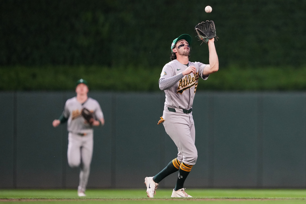 Athletics shortstop Jacob Wilson catches for an out on the Minnesota Twins during the fourth inning of a baseball game, Friday, July 24, 2026, in Minneapolis. (AP Photo/Ellen Schmidt)