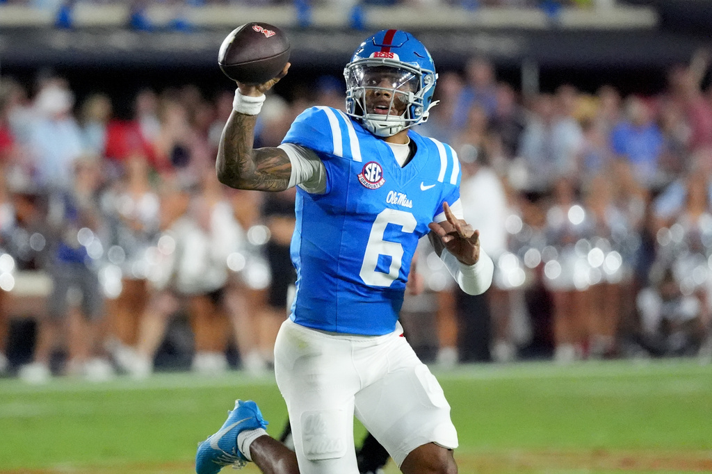 Mississippi quarterback Trinidad Chambliss (6) attempts to pass against LSU during the first half of an NCAA college football game in Oxford, Miss., Saturday, Sept. 19, 2026. (AP Photo/Rogelio V. Solis)