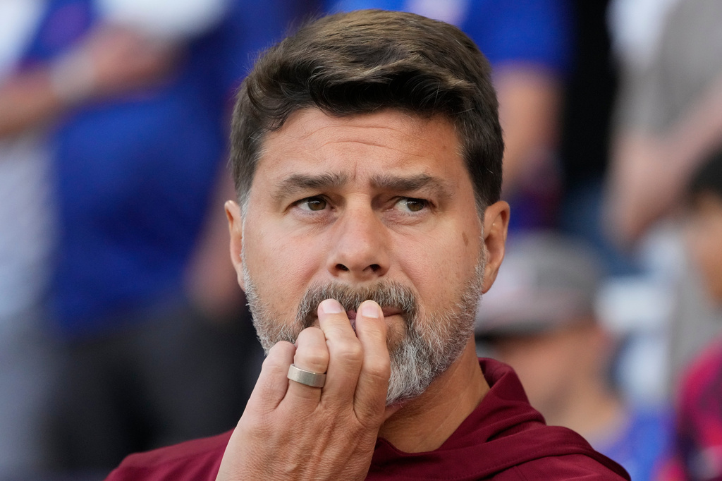 FILE - United States head coach Mauricio Pochettino looks onto the field during the first half of an international friendly soccer match against Switzerland, Tuesday, June 10, 2025, in Nashville, Tenn. (AP Photo/George Walker IV, File)