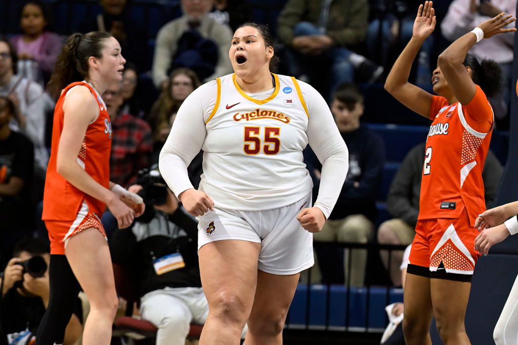 Iowa State center Audi Crooks (55) reacts after making a basket against Syracuse during the second half in the first round of the NCAA college basketball tournament, Saturday, March 21, 2026, in Storrs, Conn. (AP Photo/Jessica Hill)