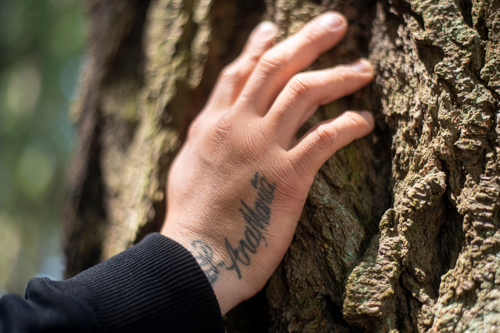 Gabriel Martinez Garcia rests his hand on a tree as his mother's name tattoo is visible on his wrist, in Tenino, Wash., on Sunday, June 14, 2026. (AP Photo/Akash Pamarthy)