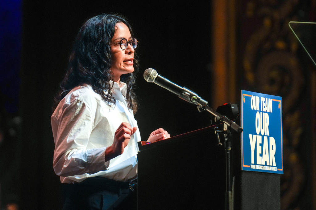 Democratic congressional candidate Claire Valdez speaks during a Get Out The Vote rally ahead of New York's primary election, Thursday, June 18, 2026, in the Brooklyn borough of New York. (AP Photo/Ryan Murphy)