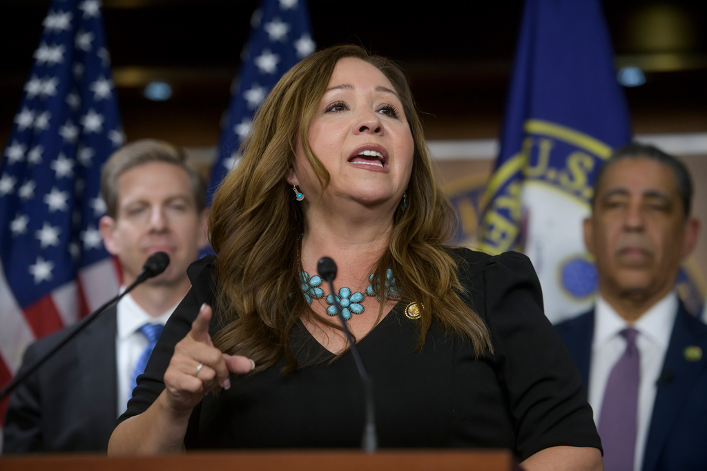 FILE - Rep. Adelita Grijalva, D-Ariz., speaks during a news conference at the U.S. Capitol, Wednesday, Nov. 12, 2025, in Washington. (AP Photo/Rod Lamkey, Jr., File)