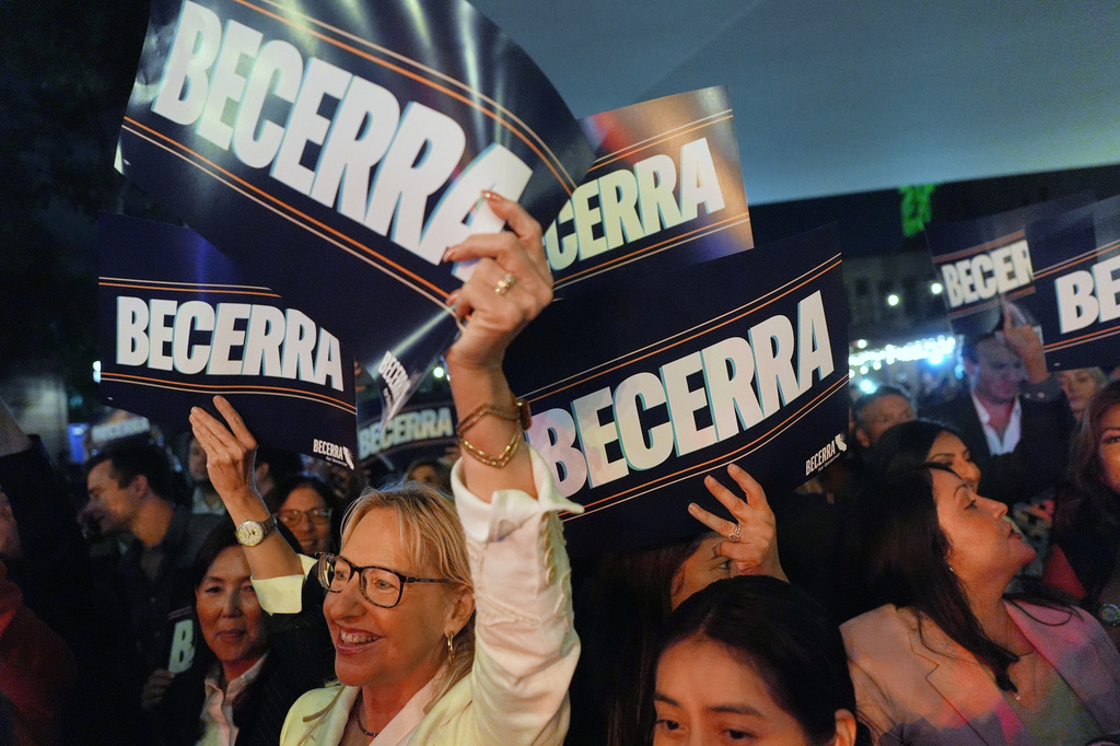 Supporters cheer at an election night event for California gubernatorial candidate Xavier Becerra, Tuesday, June 2, 2026, in Los Angeles. (AP Photo/Jae C. Hong)
