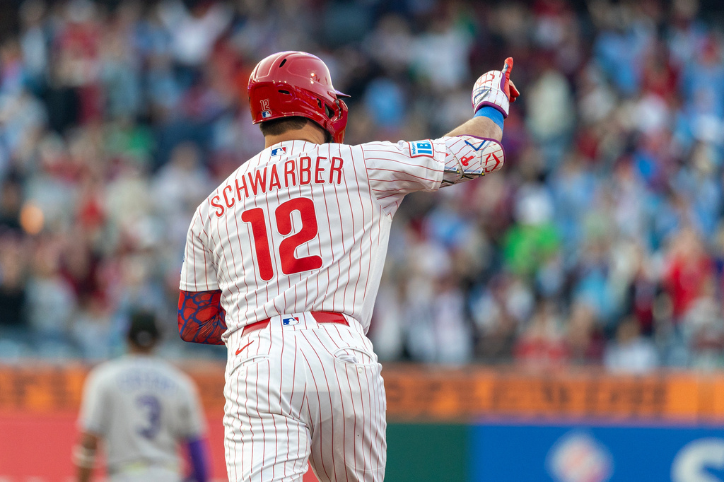 Philadelphia Phillies' Kyle Schwarber gestures after hitting a three-run home run in the third inning of a baseball game against the Colorado Rockies, Saturday, May 9, 2026, in Philadelphia. (AP Photo/Laurence Kesterson)