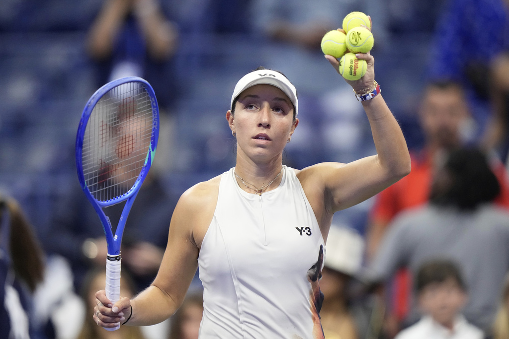 Jessica Pegula, of the United States, celebrates after defeating Mayar Sherif, of Egypt, during the first-round of the U.S. Open tennis championships, Sunday, Aug. 24, 2025, in New York. (AP Photo/Frank Franklin II)